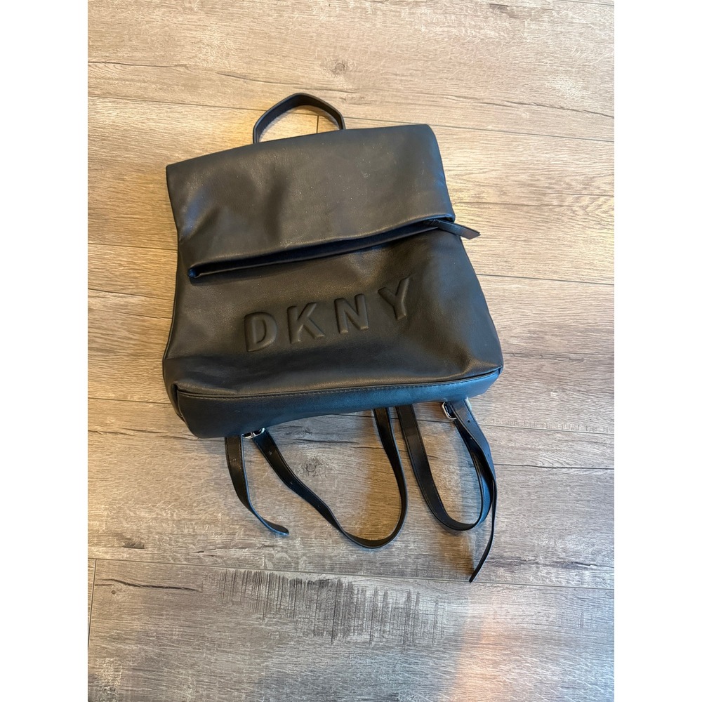 DKNY Black Faux Leather Foldover Roll Top Backpack Flap Closure